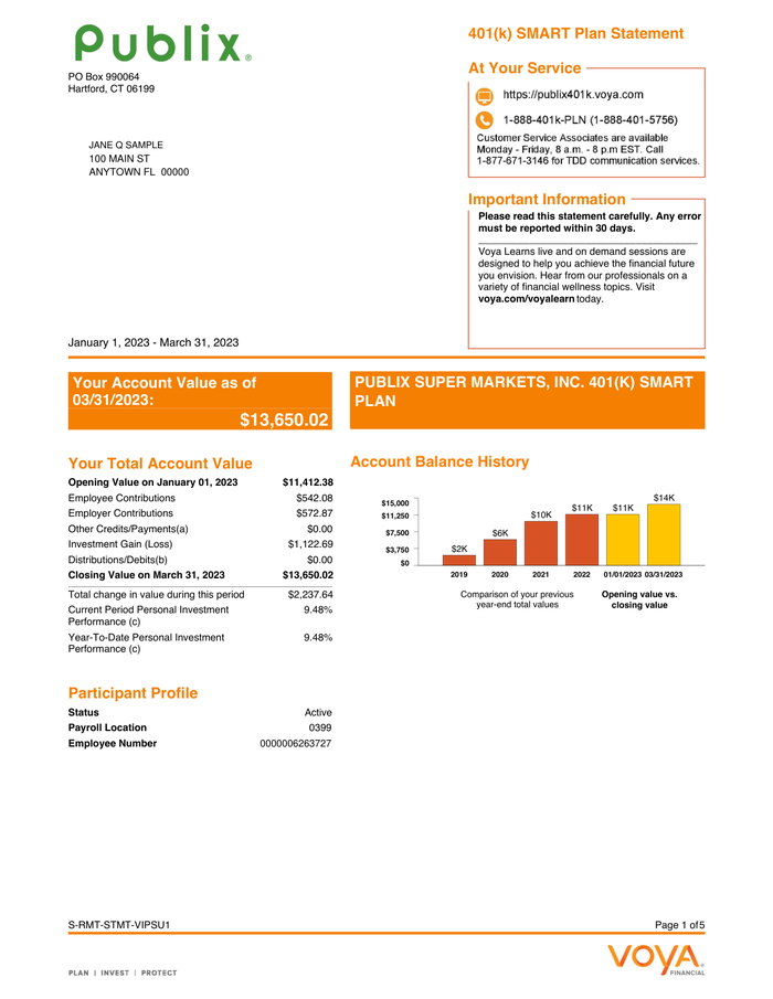 Page 1 of the sample 401(k) Statement