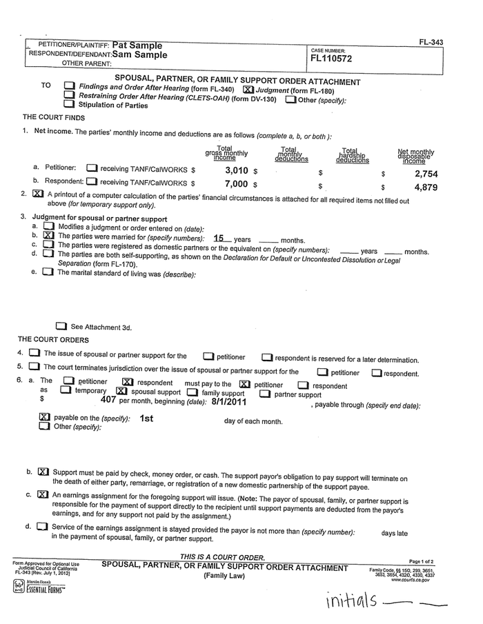 Page 3 of the sample Court Order for Alimony