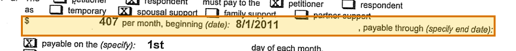 The region of the sample Court Order for Alimony containing Monthly amount, with the extracted value outlined