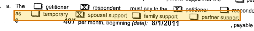 The region of the sample Court Order for Alimony containing Support type, with the extracted value outlined