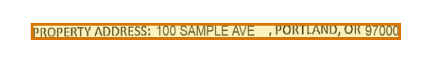 The region of the sample Allonge to Note containing Property address, with the extracted value outlined