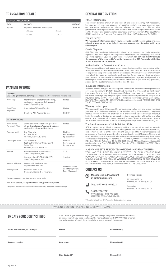 Page 2 of the sample Auto Loan Statement