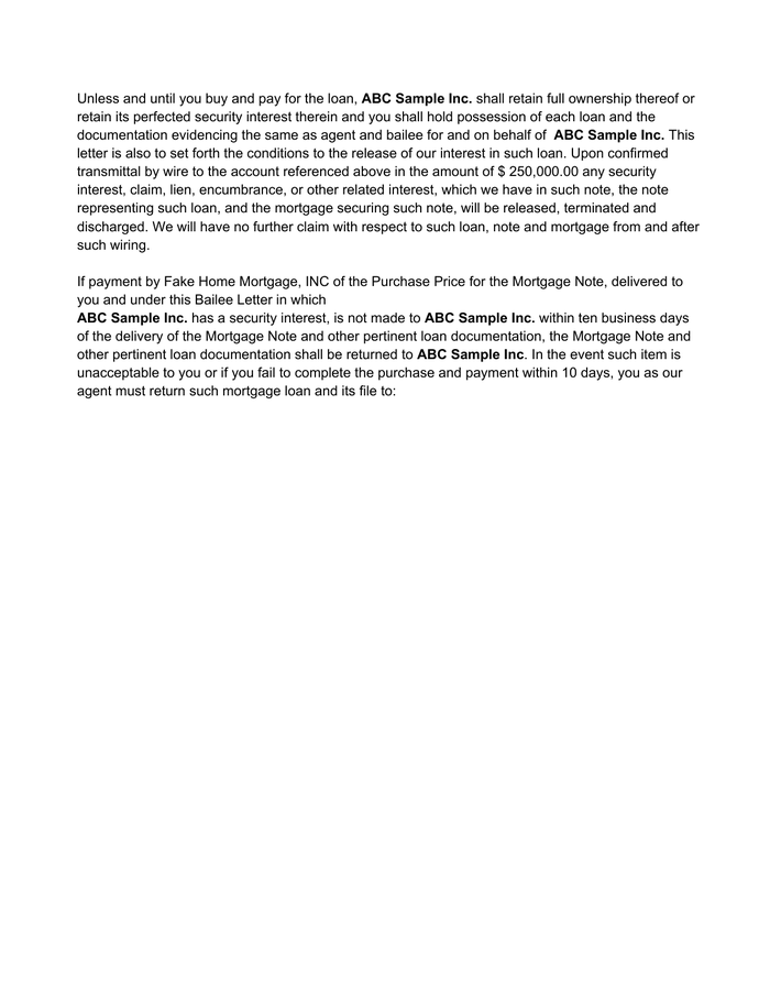Page 2 of the sample Bailee Letter