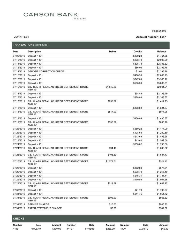 Page 2 of the sample Bank Statement