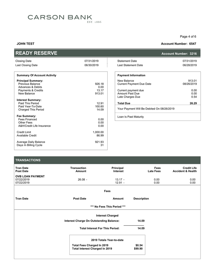 Page 4 of the sample Bank Statement