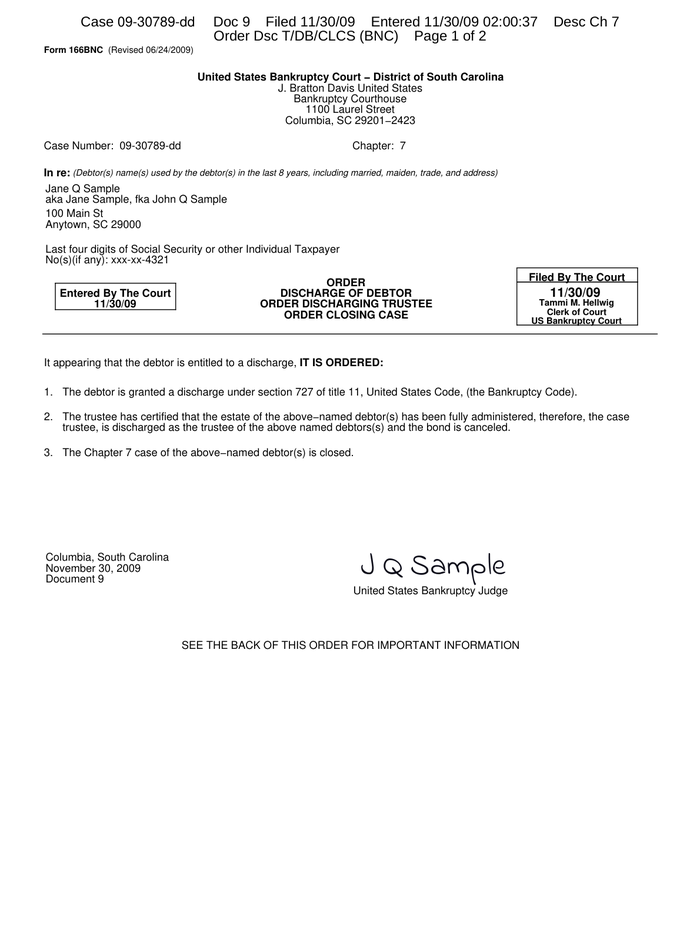 Page 1 of the sample Bankruptcy Discharge