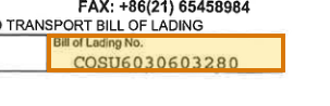 The region of the sample Bill of Lading containing B/L number, with the extracted value outlined