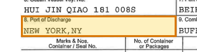 The region of the sample Bill of Lading containing Port of discharge, with the extracted value outlined
