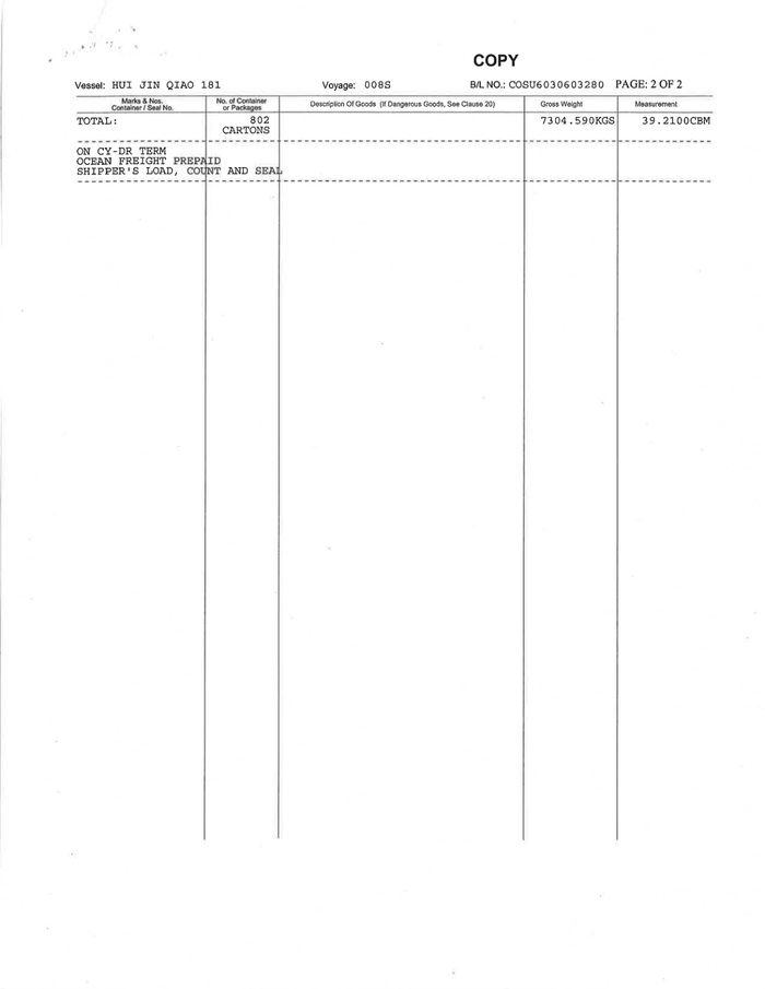 Page 2 of the sample Bill of Lading