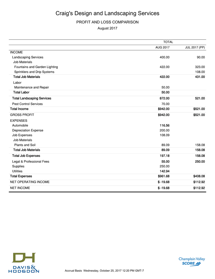 Page 1 of the sample Business Profit and Loss Statement