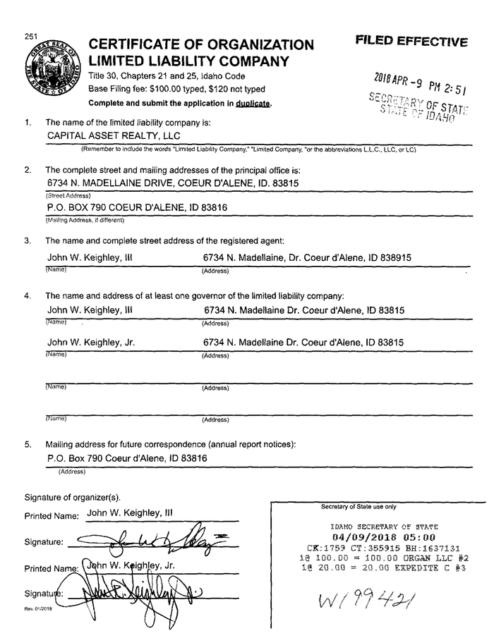 Page 1 of the sample Business Registration