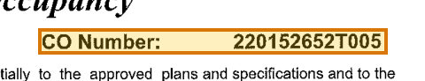 The region of the sample Certificate of Occupancy containing CO number, with the extracted value outlined