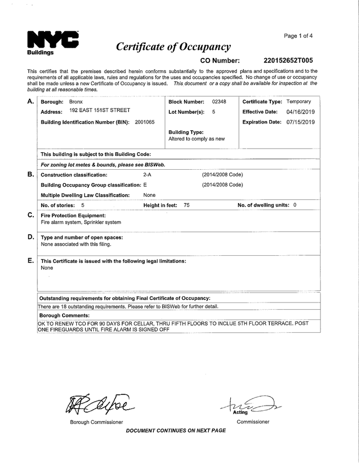 Page 1 of the sample Certificate of Occupancy
