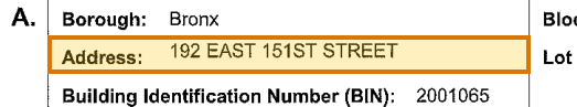 The region of the sample Certificate of Occupancy containing Property address, with the extracted value outlined