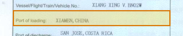 The region of the sample Certificate of Origin containing Port of loading, with the extracted value outlined
