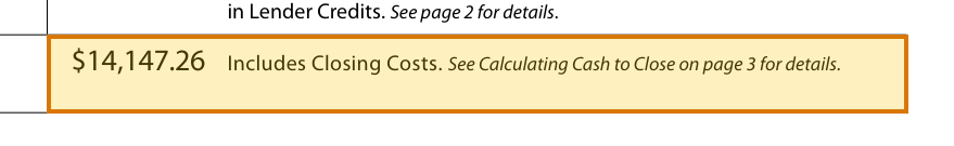 The region of the sample Closing Disclosure containing Cash to close, with the extracted value outlined