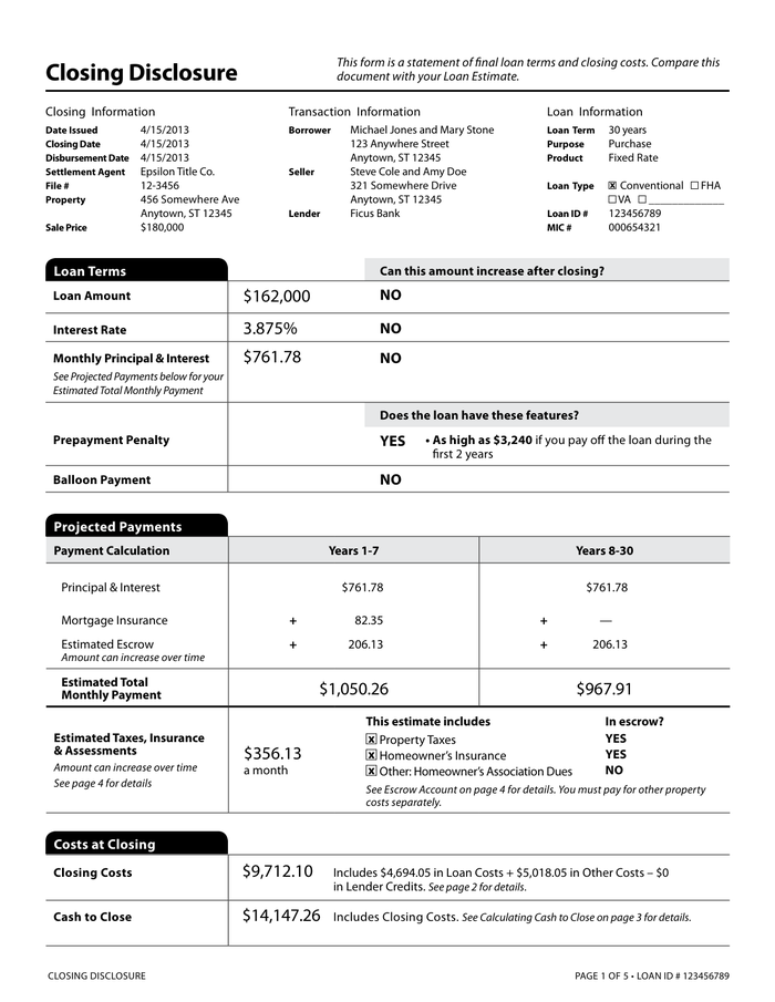 Page 1 of the sample Closing Disclosure