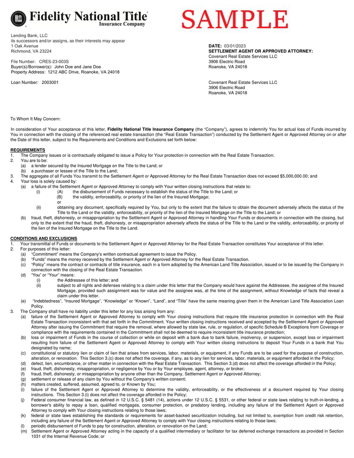 Page 1 of the sample Closing Protection Letter