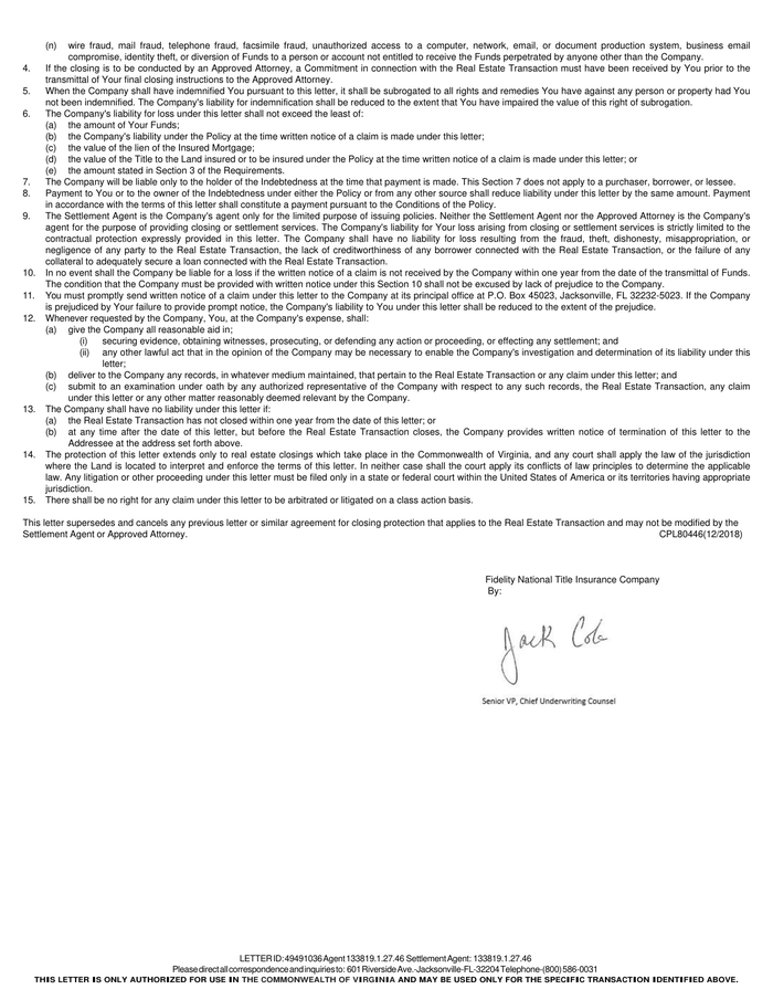 Page 2 of the sample Closing Protection Letter