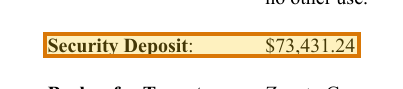 The region of the sample Commercial Lease containing Security deposit, with the extracted value outlined
