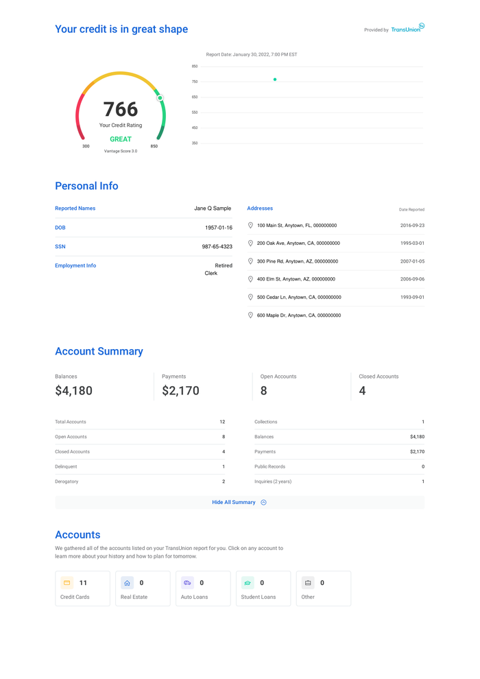 Page 1 of the sample Credit Report