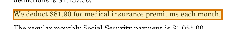 The region of the sample Disability Benefit Letter containing Medicare premium deduction, with the extracted value outlined