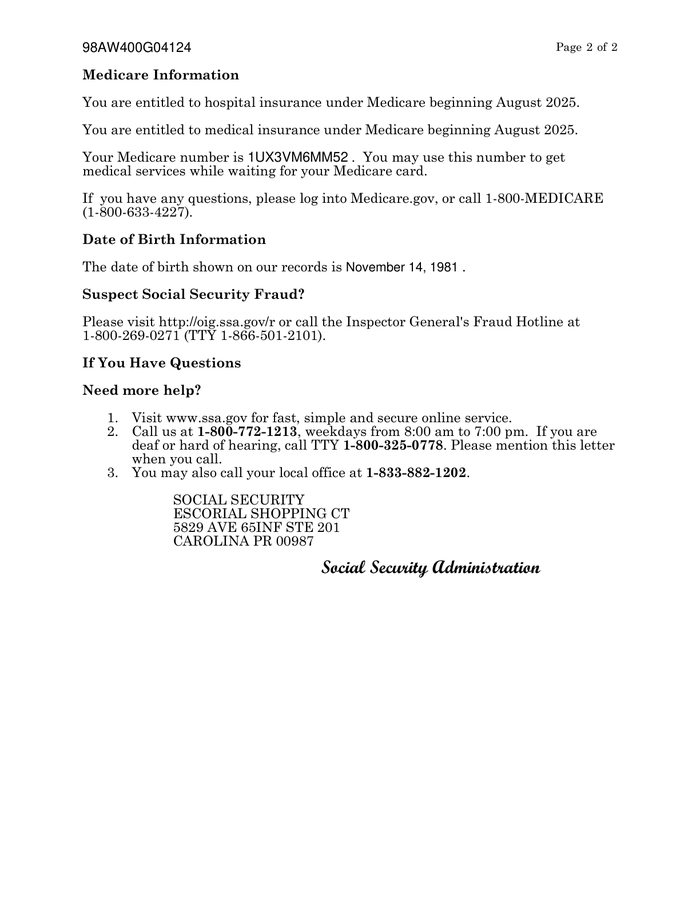 Page 2 of the sample Disability Benefit Letter