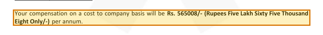 The region of the sample Employment Offer Letter containing Annual cost to company (Rs.), with the extracted value outlined