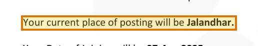 The region of the sample Employment Offer Letter containing Place of posting, with the extracted value outlined