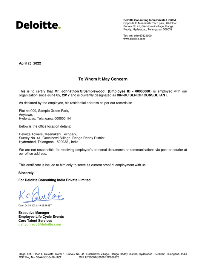 Page 1 of the sample Employment Verification Letter