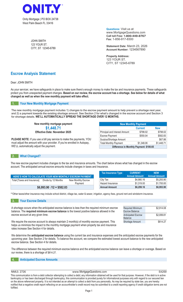 Page 1 of the sample Escrow Analysis Statement