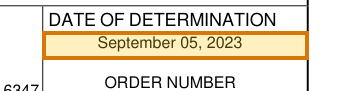 The region of the sample Flood Certification containing Date of determination, with the extracted value outlined