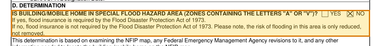 The region of the sample Flood Certification containing In special flood hazard area, with the extracted value outlined