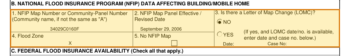 The region of the sample Flood Certification containing Flood zone, with the extracted value outlined
