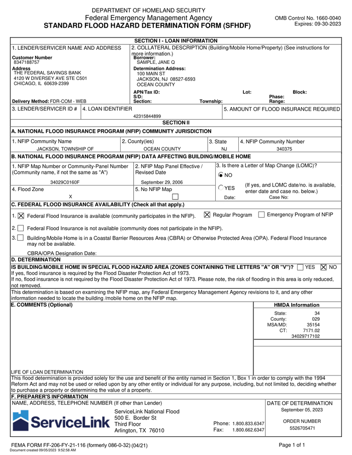 Page 1 of the sample Flood Certification