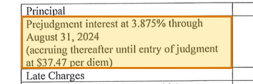 The region of the sample Foreclosure Judgment containing Prejudgment interest rate (%), with the extracted value outlined