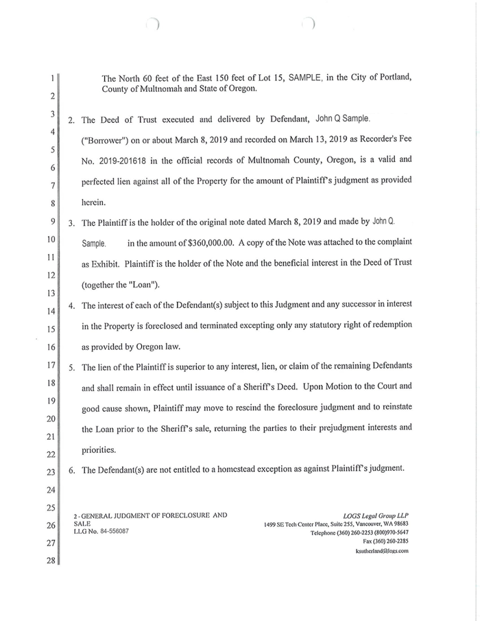 Page 2 of the sample Foreclosure Judgment