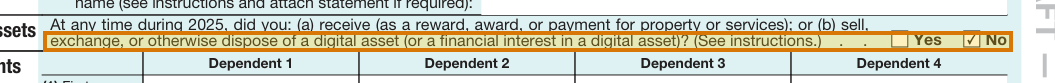 The region of the sample Form 1040 containing Digital assets question (checkbox), with the extracted value outlined
