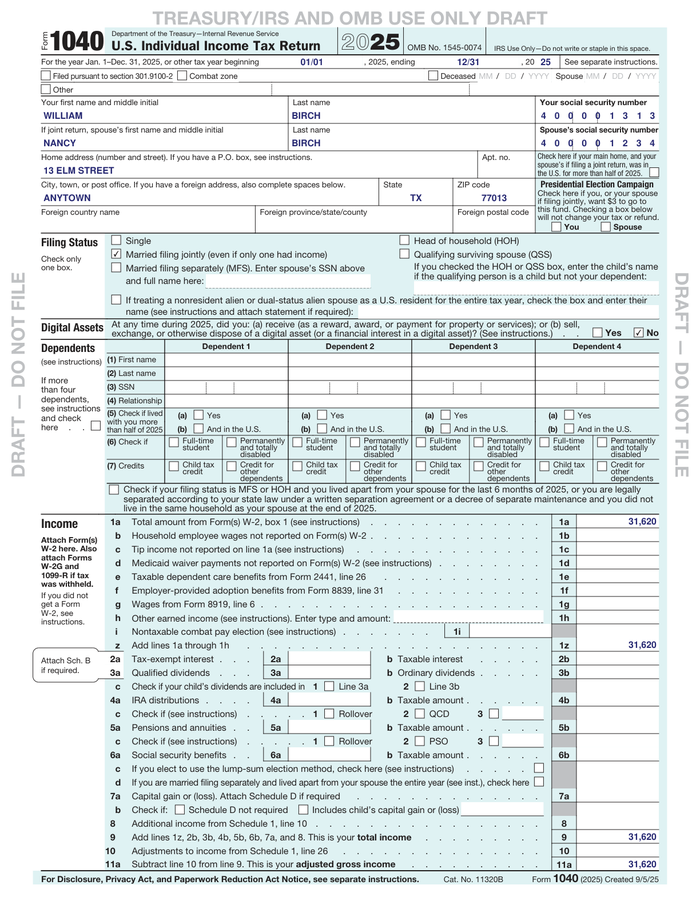 Page 1 of the sample Form 1040