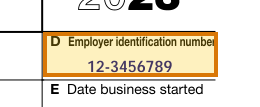 The region of the sample Form 1065 - Partnership Income containing EIN, with the extracted value outlined