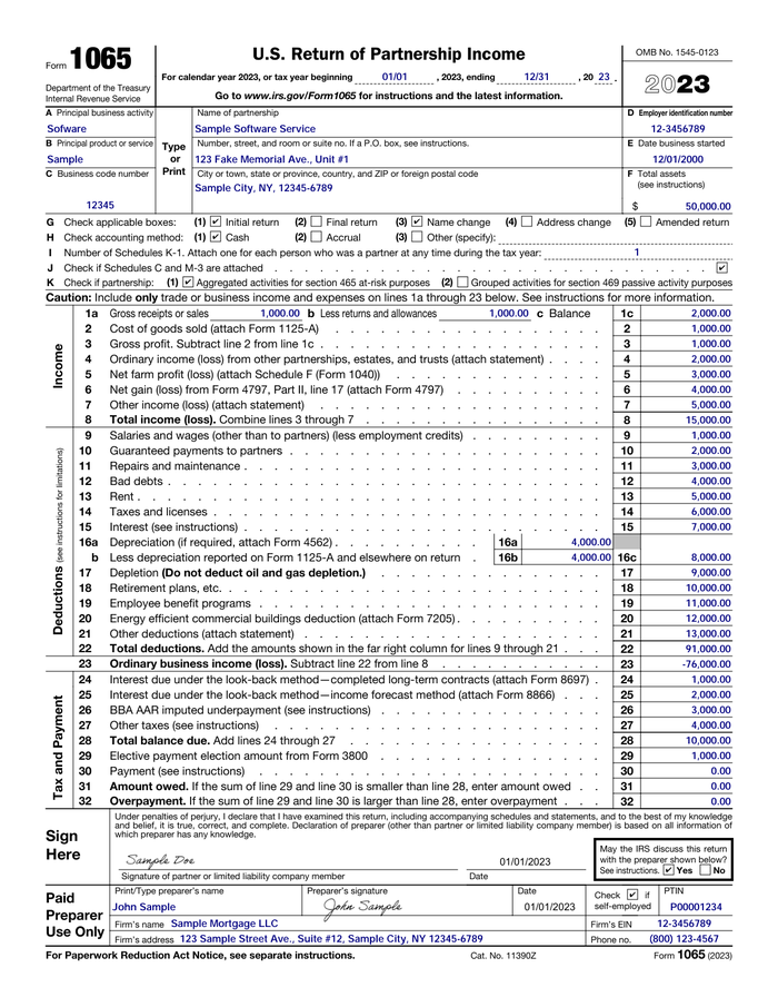 Page 1 of the sample Form 1065 - Partnership Income