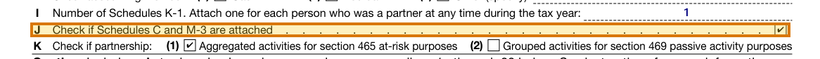 The region of the sample Form 1065 - Partnership Income containing Schedules C and M-3 attached (row J), with the extracted value outlined