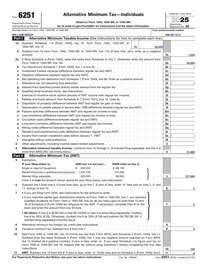 Page 1 of the sample Form 6251 - AMT