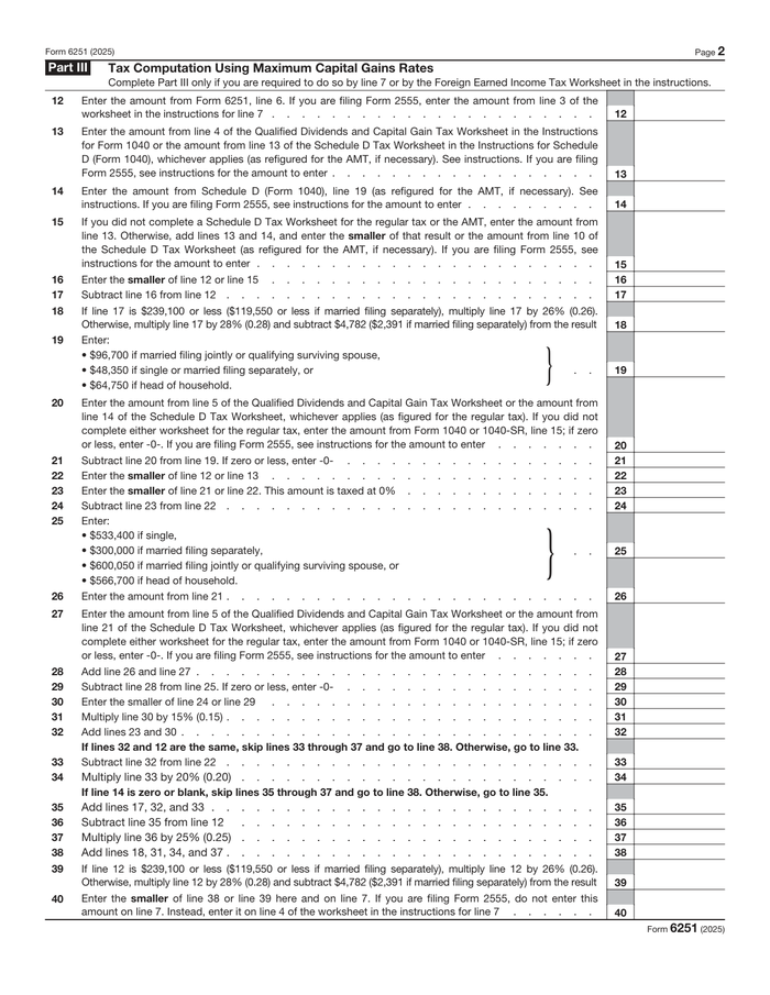 Page 2 of the sample Form 6251 - AMT