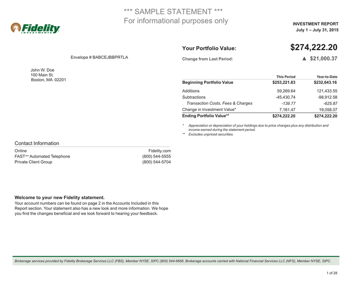 Page 1 of the sample Investment Statement