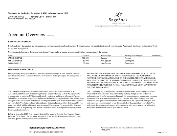 Page 3 of the sample IRA Statement