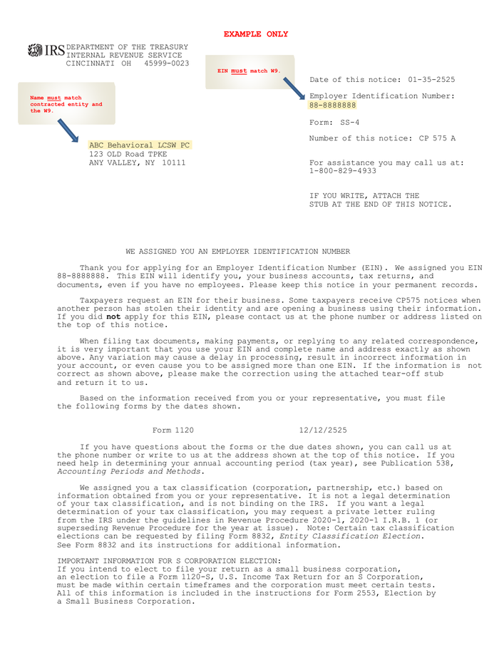 Page 1 of the sample IRS CP 575