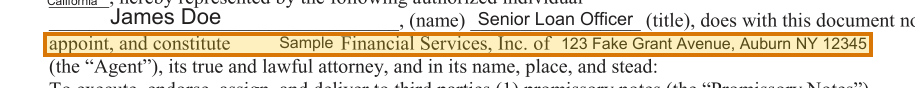 The region of the sample Power of Attorney containing Agent, with the extracted value outlined