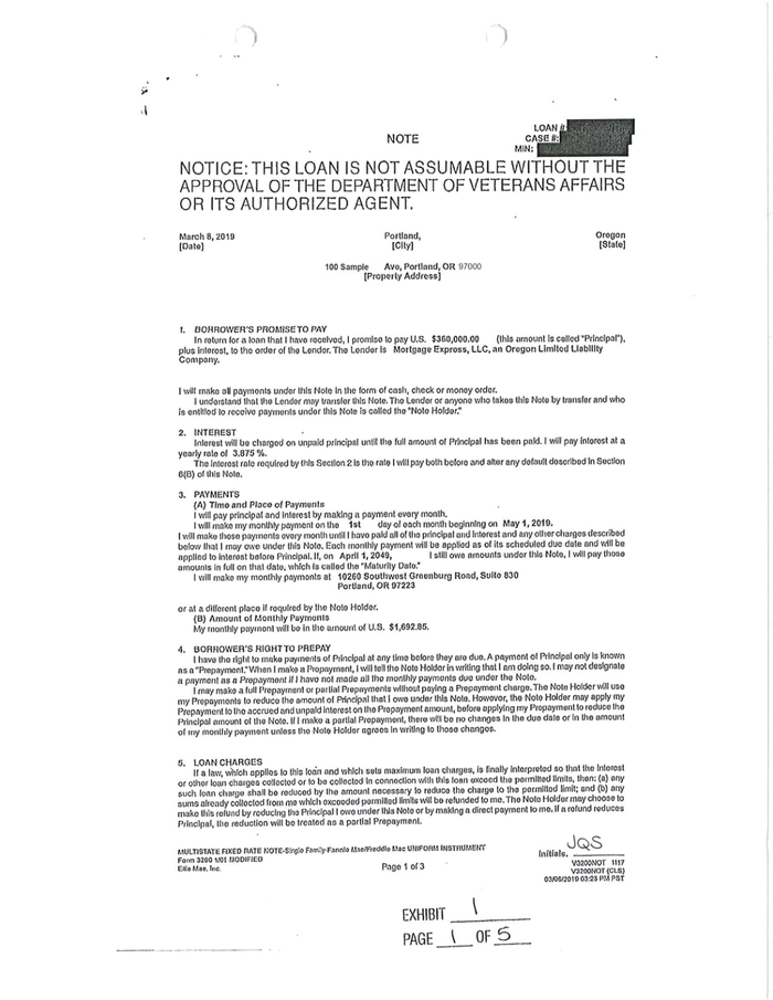 Page 1 of the sample Promissory Note