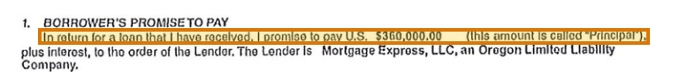The region of the sample Promissory Note containing Principal, with the extracted value outlined